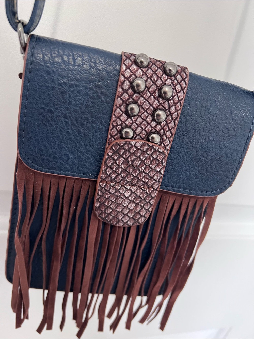 Boho Fringe Crossbody Bag Navy Blue Brown Studded Festival Western Faux Leather